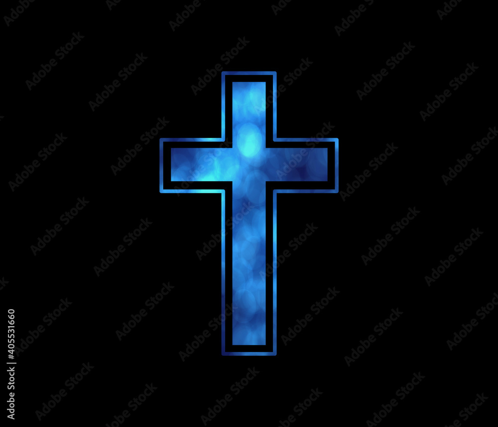 Blue Christian Cross with bokeh lights Blue Christian Cross with bokeh lights