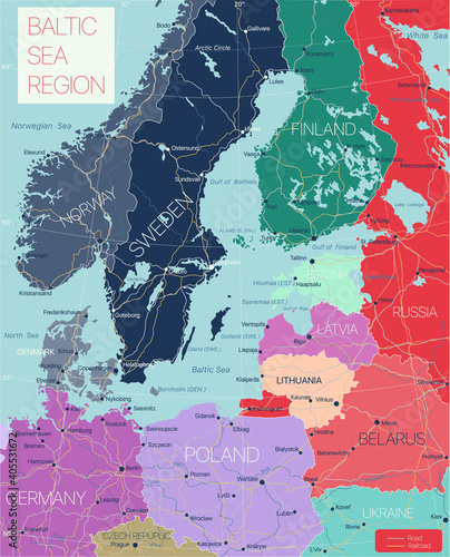 Baltic region detailed editable map with cities and towns, roads and railways. Vector EPS-10 file