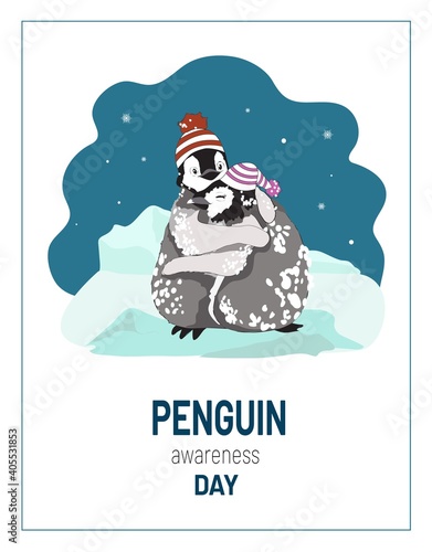 Penguin Awareness Day, cute funny cartoon emperor penguin chicks, boy, girl, in knitted hats, smile in snow, hugging in arctic field at snowfall, for valentine, hug day, greetings, stationery, poster