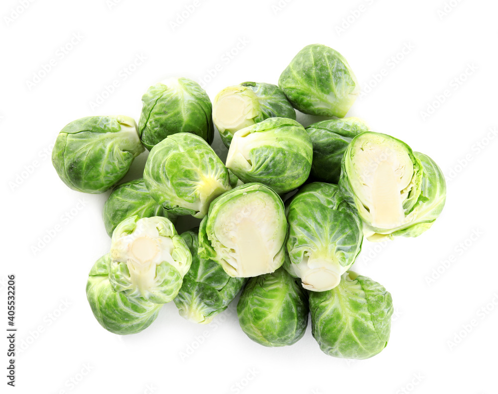 Fototapeta premium Pile of fresh Brussels sprouts isolated on white, top view