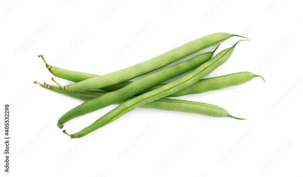 Fresh green beans on white background, top view Fresh green beans on white background, top view