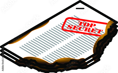 Stapled document - marked "top secret" and burnt/scorched.