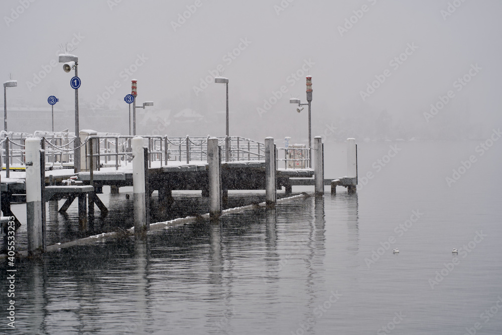 Gangplank at lake covered with fresh snow and seagulls.