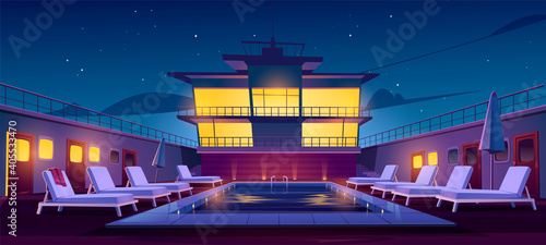 Swimming pool on cruise liner at night, empty ship deck with sun loungers, umbrellas and illumination. Luxury sailboat in sea or ocean. Passenger vessel under starry sky, Cartoon vector illustration