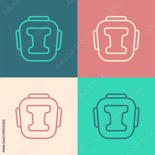 Pop art line Boxing helmet icon isolated on color background. Vector.