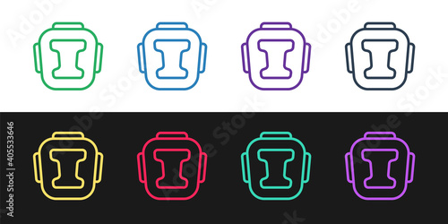 Set line Boxing helmet icon isolated on black and white background. Vector.