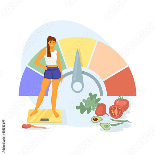 The concept of body mass index. A woman of normal weight is standing on a scale. Proper nutrition, sports. Scale. Cartoon design. Vector illustration isolated on white background.