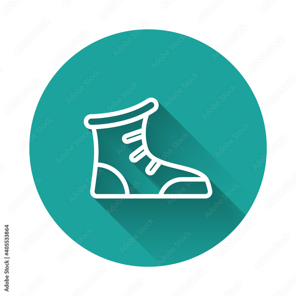 White line Sport boxing shoes icon isolated with long shadow background. Wrestling shoes. Green circle button. Vector. White line Sport boxing shoes icon isolated with long shadow background. Wrestling shoes. Green circle button. Vector.