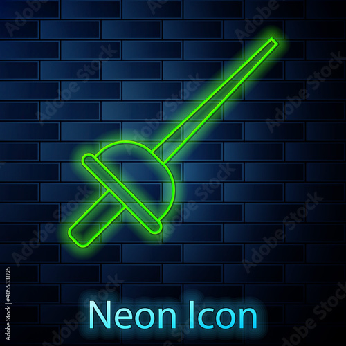 Glowing neon line Fencing icon isolated on brick wall background. Sport equipment. Vector.
