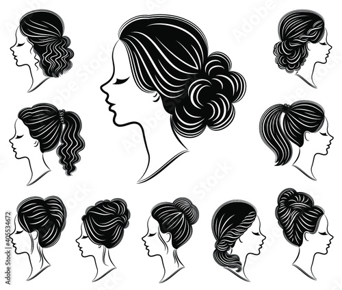 Collection. Silhouette of the lovely lady heads. The girl demonstrates hairstyles for long and medium hair. Suitable for logo, advertising. Vector illustration set.