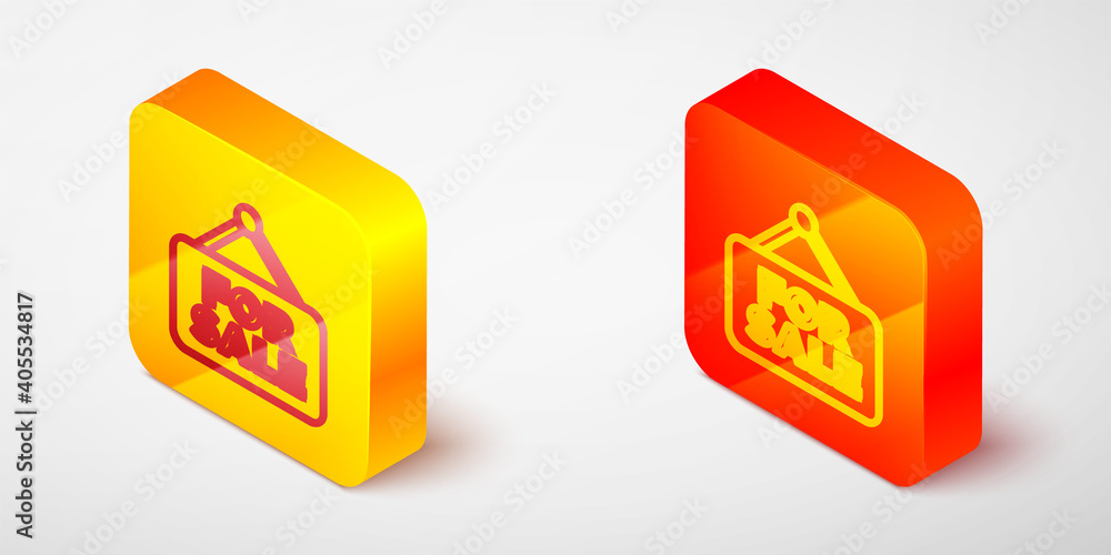 Isometric line Hanging sign with text For Sale icon isolated on grey background. Signboard with text For Sale. Yellow and orange square button. Vector. Isometric line Hanging sign with text For Sale icon isolated on grey background. Signboard with text For Sale. Yellow and orange square button. Vector.