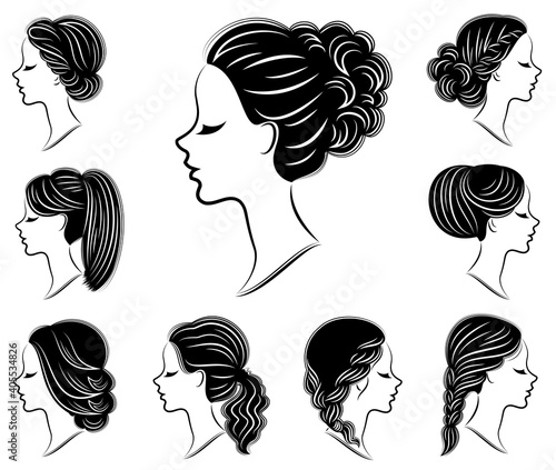 Collection. Silhouette of the lovely lady heads. The girl demonstrates hairstyles for long and medium hair. Suitable for logo, advertising. Vector illustration set.