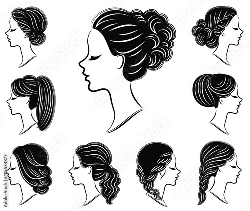 Collection. Silhouette of the lovely lady heads. The girl demonstrates hairstyles for long and medium hair. Suitable for logo, advertising. Vector illustration set.