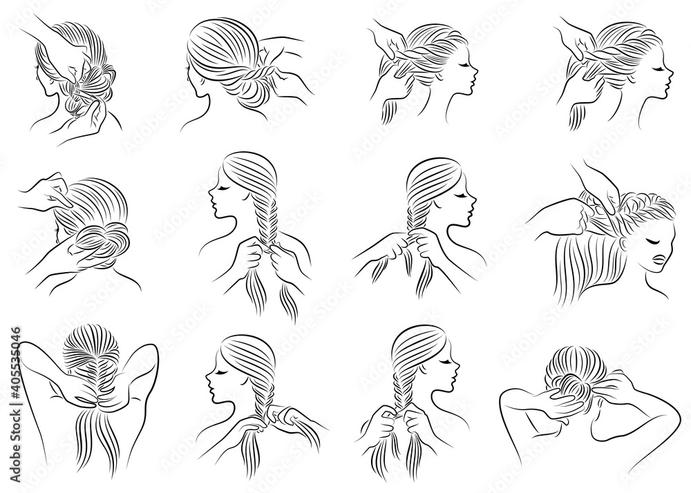 Collection. Silhouette profile of the head of a lovely lady. The girl braids her long hair in braids with her hands, does her hair. Set of vector illustrations. Collection. Silhouette profile of the head of a lovely lady. The girl braids her long hair in braids with her hands, does her hair. Set of vector illustrations.