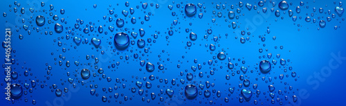 Blue background with clear water droplets. Vector realistic illustration of wet blue surface with condensation of steam in shower or fog, transparent aqua drops from dew or rain on window glass