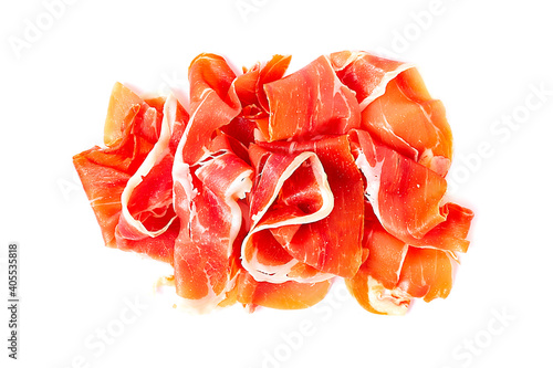 Prosciutto Parma, on a white background, top view, horizontal, no people,
