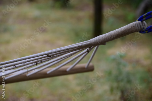 Amaca a corde bianche con bordi in legno in mezzo al bosco