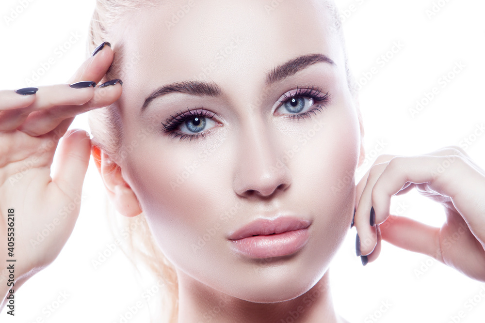 Beauty face. Attractive model woman with perfect well-groomed skin on her face and light makeup. Beautiful woman. Beauty and care. Beauty face. Attractive model woman with perfect well-groomed skin on her face and light makeup. Beautiful woman. Beauty and care.