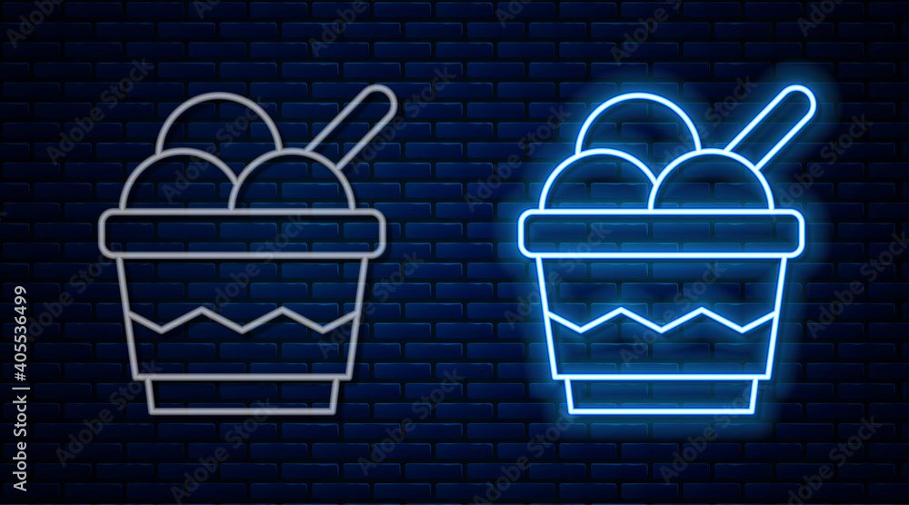 Glowing neon line Ice cream in the bowl icon isolated on brick wall background. Sweet symbol. Vector. Glowing neon line Ice cream in the bowl icon isolated on brick wall background. Sweet symbol. Vector.