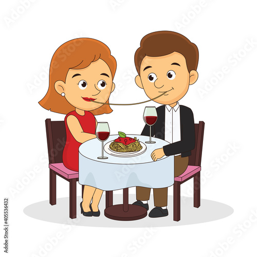 Couple eating spaghetti together happy valentines
