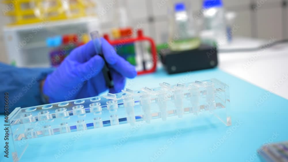 Fingers holding tube with red DNA sample, experiment in microbiological laboratory Fingers holding tube with red DNA sample, experiment in microbiological laboratory