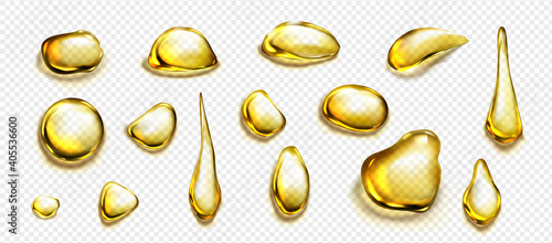 Golden drops and puddles of oil or liquid honey isolated on transparent background. Vector realistic set of gold drips of organic cosmetic or food oil, top view of clear yellow stains