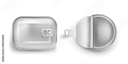 Tin cans with pull ring mockup top view. Canned food metal jars with closed and open lids, aluminium rectangle and round preserves canisters isolated on white background, Realistic 3d vector icons