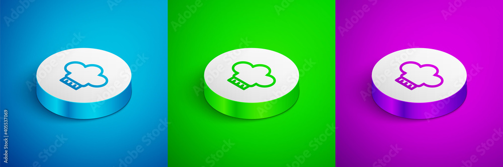 Isometric line Chef hat icon isolated on blue,green and purple background. Cooking symbol. Cooks hat. White circle button. Vector. Isometric line Chef hat icon isolated on blue,green and purple background. Cooking symbol. Cooks hat. White circle button. Vector.
