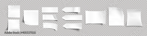 White stickers of different shapes with shadow and folded edges, tags, sticky notes for memo mockup isolated on a transparent background. Paper adhesive tape, empty blanks Realistic 3d vector set