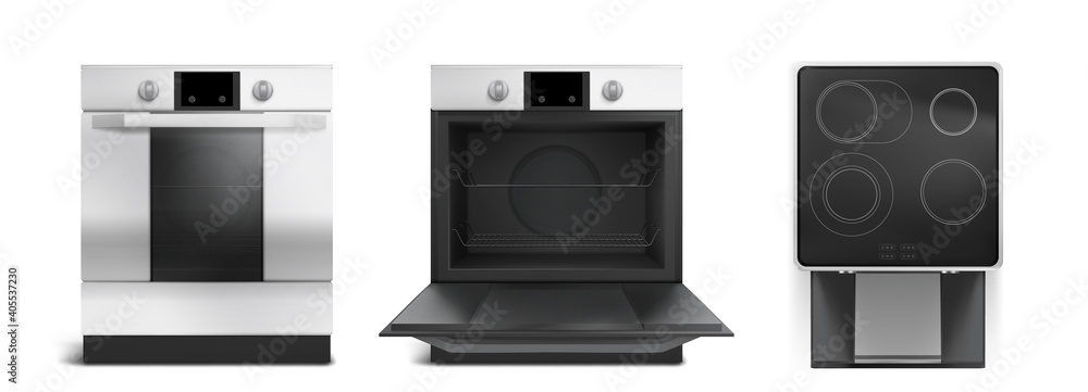 © klyaksun - Electric stove, induction cooking panel with oven front and top view. Vector realistic set of kitchen cooker with closed and open oven door, black ceramic stovetop isolated on white background © klyaksun - Electric stove, induction cooking panel with oven front and top view. Vector realistic set of kitchen cooker with closed and open oven door, black ceramic stovetop isolated on white background