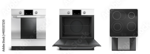 Electric stove, induction cooking panel with oven front and top view. Vector realistic set of kitchen cooker with closed and open oven door, black ceramic stovetop isolated on white background