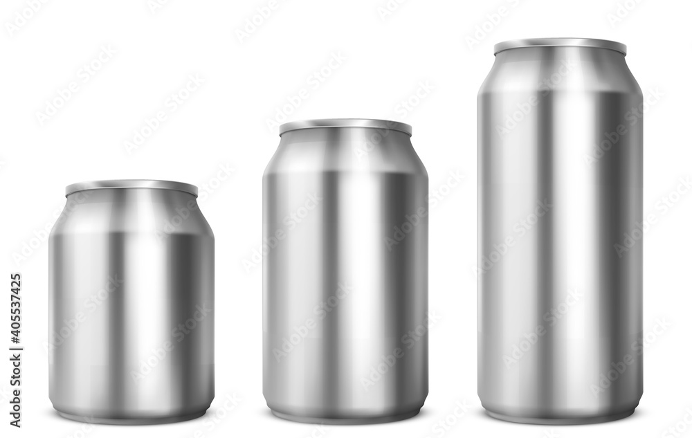 Aluminium cans different sizes for soda or beer isolated on white background. Vector realistic mockup of metal tin cans for drink front view. 3d template of blank silver package for cold beverage Aluminium cans different sizes for soda or beer isolated on white background. Vector realistic mockup of metal tin cans for drink front view. 3d template of blank silver package for cold beverage
