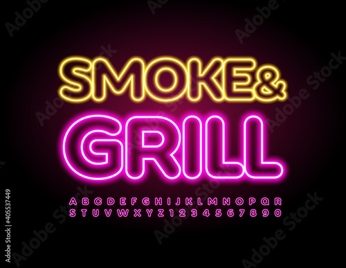 Vector sign Smoke Grill for Restaurant, Cafe, Menu. Glowing Pink Font. Neon Alphabet Letters and Numbers set