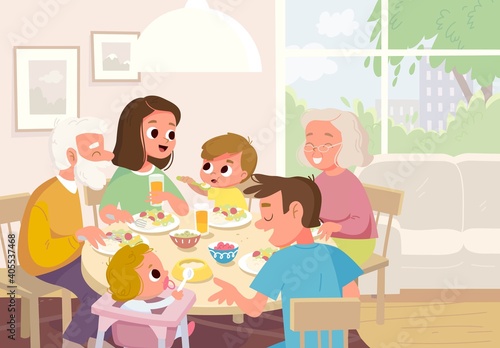 Vector. Portrait of family having meal dinner sitting around the table. Three generations gathered at the table. All members of full big young whole family together at home in living room at week end.