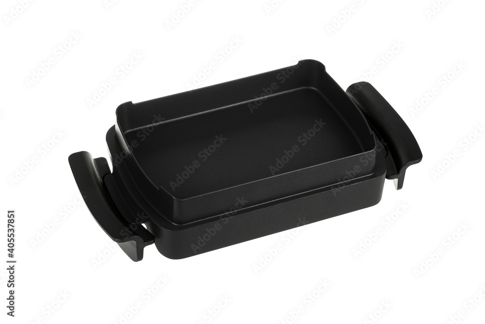 Black rectangular baking dish with non-stick coating isolated on a white background Black rectangular baking dish with non-stick coating isolated on a white background