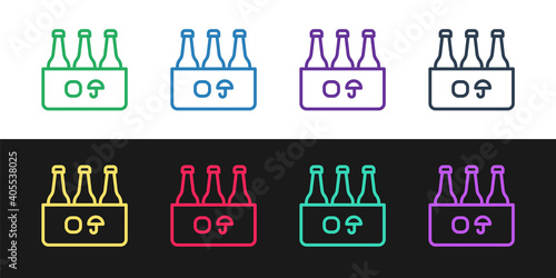 Set line Pack of beer bottles icon isolated on black and white background. Case crate beer box sign. Vector.