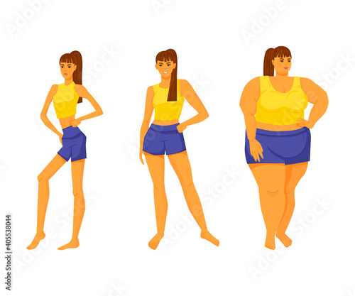 Changing the shape of a woman's body depending on the diet. Anarexia, normal weight, obesity. Set of female figures. Vector illustration isolated on white background.