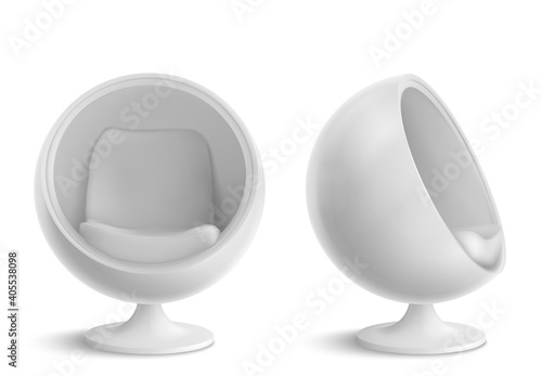 Ball chair, round armchair front and side view. Futuristic furniture design for home or office interior, comfortable egg shaped seat isolated on white background. Realistic 3d vector illustration