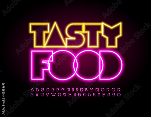 Vector bright banner Tasty Food. Glowing Creative Font. Abstract style Neon Alphabet Letters and Numbers set