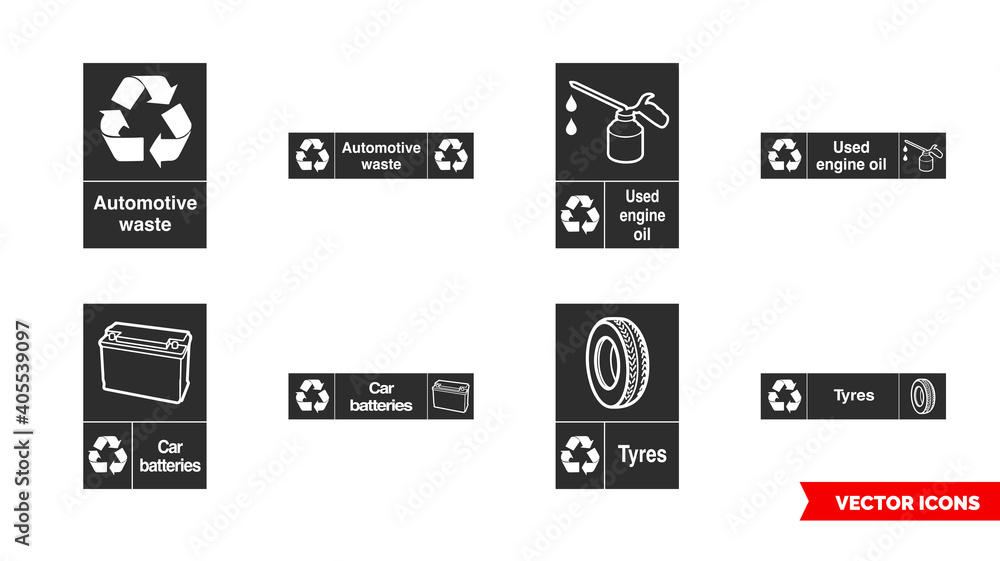 Automotive recycling signs icon set of color types. Isolated vector sign symbols. Icon pack.