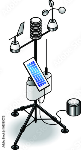 A transportable weather station with solar panel, antenna, wind vane, wind speed sensor, rain gauge and thermometer/hygrometer.