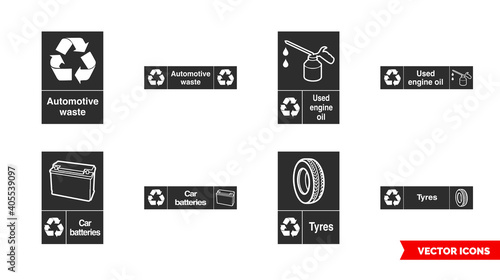 Automotive recycling signs icon set of color types. Isolated vector sign symbols. Icon pack.