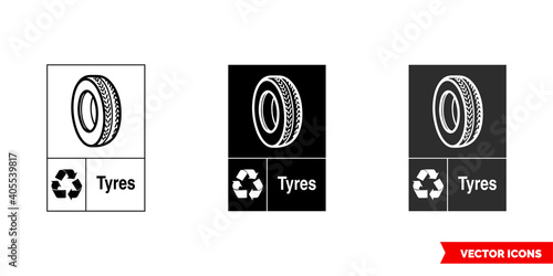 Tyres automotive recycling sign icon of 3 types color, black and white, outline. Isolated vector sign symbol.