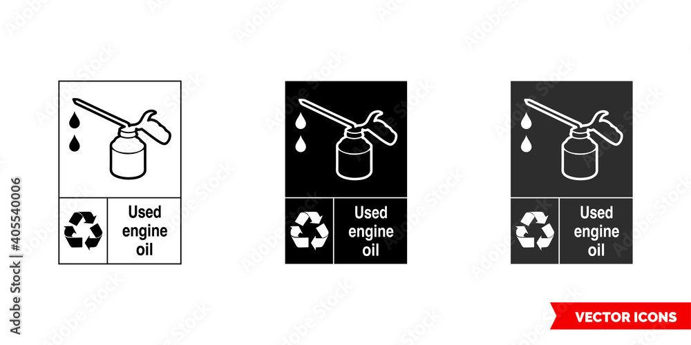 Used engine oil automotive recycling sign icon of 3 types color, black and white, outline. Isolated vector sign symbol. Used engine oil automotive recycling sign icon of 3 types color, black and white, outline. Isolated vector sign symbol.