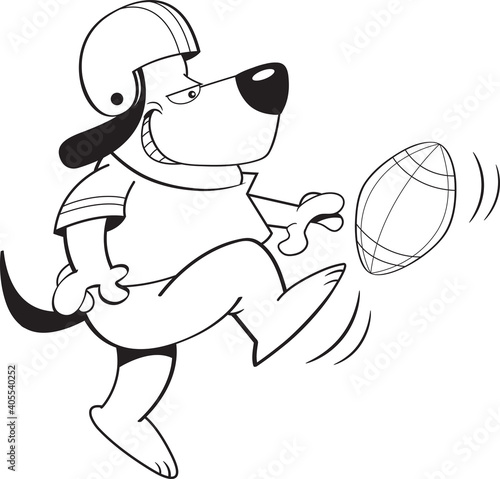 Black and white illustration of a dog wearing a football uniform kicking a football.