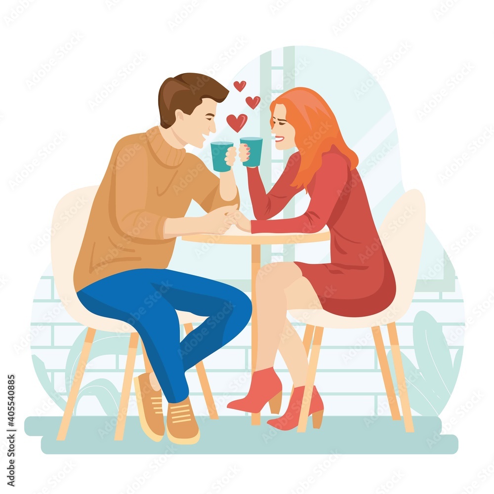 Man and woman in a cafe. A loving couple on a date. Valentines Day concept. Vector illustration for banners, posters, postcard. Cartoon style characters.