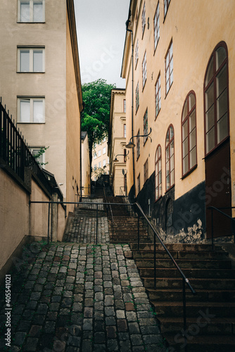 Picturesque steps with colorful houses in Ugglan quarter in Sodermalm, Stockholm, Sweden photo