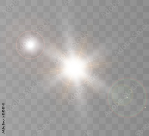 White glowing light explodes on a transparent background. Bright Star. Transparent shining sun, bright flash. Vector graphics.	