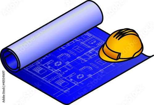 A partially unrolled blueprint / technical drawing with a yellow hardhat.