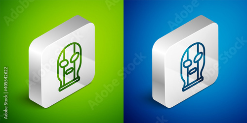 Isometric line Mexican wrestler icon isolated on green and blue background. Silver square button. Vector.